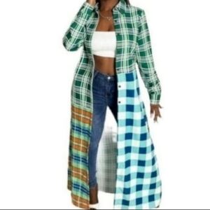 Plaid Patchwork Longline Shirt Jacket for Women Sz Large